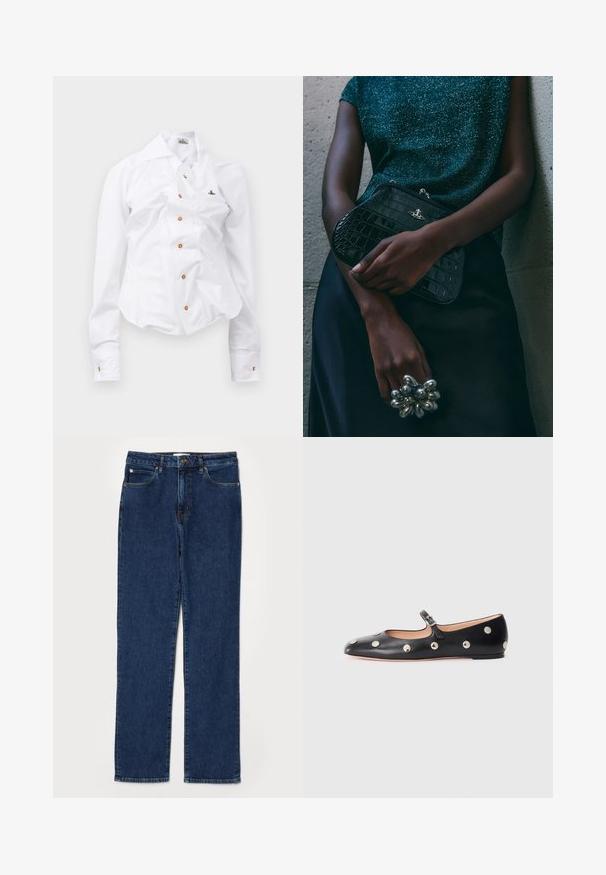 Valge pika varrukaga särk, millel on vormitud disain. Iseloomustab suur krae, ees nupuga sule avamine pruunide nuppudega ja väike broderi logo.; Tumedat teksased, sirged sääred, viie taskuga stiil, tugeva vööga ja nähtavate õmblustega detailidega.; Must naar mustast valmistatud Mary Jane lamedad jalanõud, ümarate varvastega, hõbedaste ümmarguste nupukestega ja reguleeritava rihmaga, millel on klamber.; Must musta tihe-must reptiili nahast pidulik kott hõbedaste detailidega, mille taustal on tekstuuriline hall taust. Omab läikivat pinda.