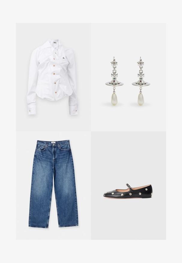 Camisa blanca de manga larga con un diseño ajustado. Presenta un gran cuello, cierre frontal con botones marrones y un pequeño logotipo bordado.; Jeans de mezclilla de pierna ancha en un tono azul claro, que presentan un diseño clásico de cinco bolsillos, costuras visibles y una cintura de altura media.; Zapato plano tipo Mary Jane de cuero negro con punta redonda, adornado con tachuelas circulares plateadas y una correa ajustable con hebilla.; Pendientes de plata que presentan un aro circular, adornados con piedras brillantes y un colgante en forma de pera de perla. Diseño distintivo con detalles intrincados.