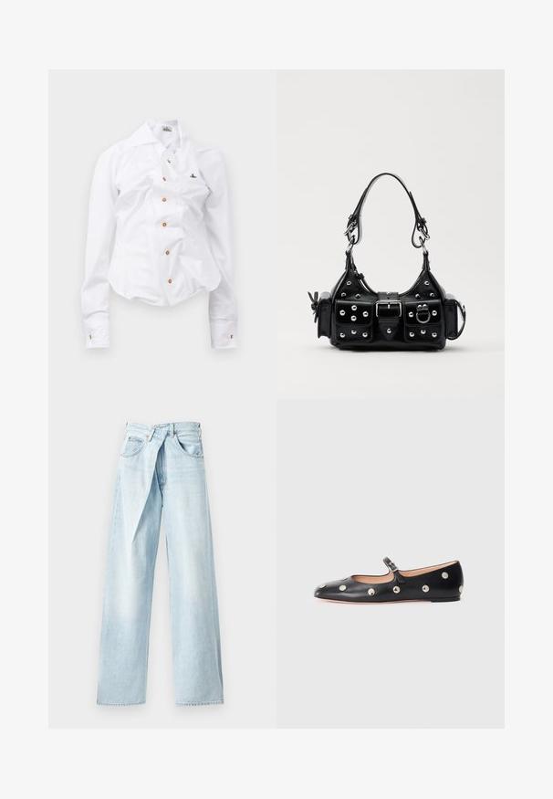 Witte longsleeve shirt met een getailleerd ontwerp. Voorzien van een grote kraag, sluiting met knopen aan de voorkant met bruine knopen en een klein geborduurd logo.; Lichtblauwe wijde jeans van denim, met een unieke crossover tailleband en vijf-pocket ontwerp. Gladtextrue en rechte snits.; Zwarte leren Mary Jane ballerina met een ronde neus, voorzien van zilveren ronde studs en een verstelbaar bandje met een gesp.; Zwarte lederen handtas met een gebogen ontwerp, voorzien van zilveren studs, een gesp en twee zijvakken. Verstelbare schouderband voor verschillende draagmogelijkheden.
