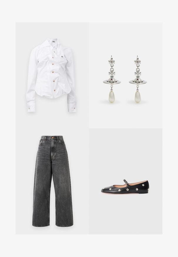 White long-sleeve shirt with a fitted design. Features a large collar, front button closure with brown buttons, and a small embroidered logo.; High-waisted wide-leg jeans in faded black denim with front pockets, belt loops, and copper button closure.; Black leather Mary Jane flat shoe with a rounded toe, featuring silver circular studs and an adjustable strap with a buckle.; Silver earrings featuring a circular hoop, adorned with sparkling stones and a teardrop pearl pendant. Distinctive design with intricate accents.