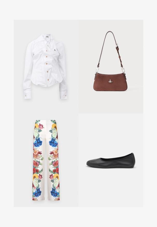 Balts garām piedurknēm krekls ar pieguļošu dizainu. Iekļauj lielu apkakli, priekšējo pogu aizdari ar brūnām pogām un mazu izbrodētu logotipu.; Alice + Olivia ANDREW BOOTCUT SLIM PANT - Auduma bikses - off white; Melna ādas baleta kurpe ar noapaļotu purngalu, gludu tekstūru, minimālu šuvju detalizāciju un elastīgu zoles dizainu.; Brūns zamšs rokas maisiņš ar izliekumu, sudraba aparatūras akcentiem un regulējamu siksnu. Iekļauj dekoratīvu logo priekšpusē.; Sudraba auskaru dizains ar apaļu gredzenu, rotātu ar mirdzošām akmeņiem un asarveida pērli. Izteiksmīgs dizains ar sarežģītām akcentiem.