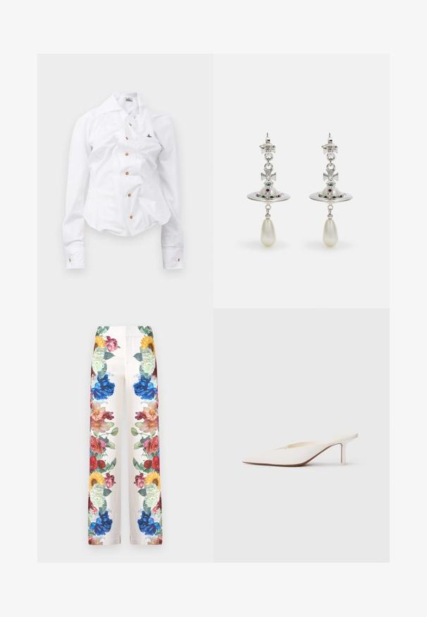 Weißes Langarmhemd mit figurnahem Design. Verfügt über einen großen Kragen, eine Frontknopfleiste mit braunen Knöpfen und ein kleines, besticktes Logo.; Alice + Olivia ANDREW BOOTCUT SLIM PANT - Stoffhose - off white; Weißer Mule mit spitzem Zehenbereich und niedrigem Stiletto-Absatz. Hergestellt aus glattem Material mit minimalistischen Design und dezenten, tanfarbenen Sohlenakzenten.; Silberohrringe mit einem runden Ring, verziert mit glitzernden Steinen und einem tropfenförmigen Perlenanhänger. Auffälliges Design mit filigranen Akzenten.