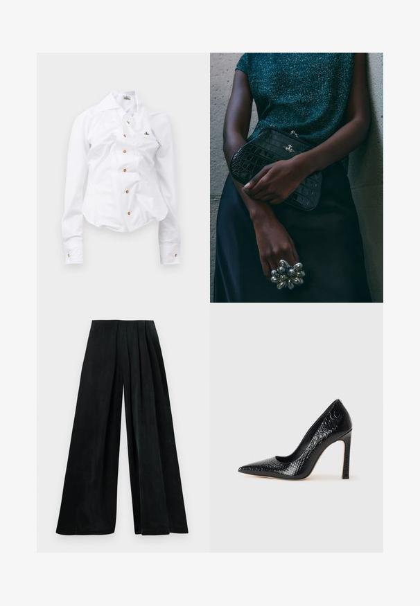 Cămașă albă cu mânecă lungă, cu un design ajustat. Are un guler mare, închidere frontală cu nasturi maro și un mic logo brodat.; Pantaloni largi din material verde închis, cu pliseuri la talie. Textură netedă și siluetă fluidă. Fără elemente metalice vizibile sau modele.; Pantofii cu toc înalt, ascuțiți, de culoare neagră, cu textură de piele de crocodil, având un design elegant, toc în stil stiletto și interior neted de culoare neagră.; Geantă de umăr de tip clutch, cu model de crocodil negru și detalii din metal argintiu, sprijinită pe un fundal texturat gri. Prezintă o suprafață lucioasă.