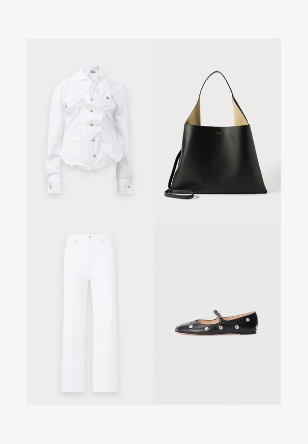 Chemise blanche à manches longues au design ajusté. Dispose d'un grand col, d'une fermeture à boutons sur le devant avec des boutons marron, et d'un petit logo brodé.; Jean en denim blanc à taille haute et coupe évasée. Il présente des poches avant, une fermeture à bouton et des détails de couture discrets.; Chaussure plate en cuir noir type Mary Jane avec un bout arrondi, ornée de clous ronds en argent et dotée d'une sangle réglable avec une boucle.; Sac fourre-tout en cuir noir avec un design spacieux et angulaire. Dispose d'un intérieur tan en contraste et d'une fine bandoulière. Marque minimaliste affichée.