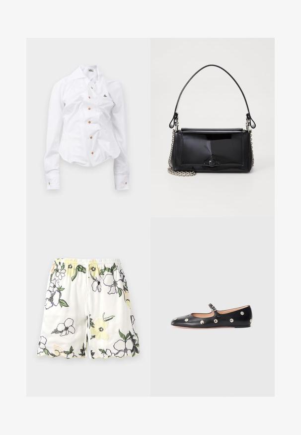 White long-sleeve shirt with a fitted design. Features a large collar, front button closure with brown buttons, and a small embroidered logo.; White shorts with floral embroidery in yellow, purple, and black. Features an elastic waistband and scalloped hem. Drawstring closure.; Black leather Mary Jane flat shoe with a rounded toe, featuring silver circular studs and an adjustable strap with a buckle.; Black patent leather handbag with a rectangular shape, chain strap, and a distinctive hardware accent in the center. Smooth texture.