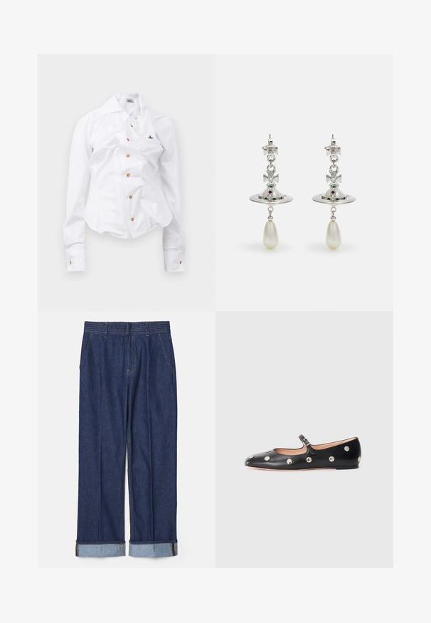 White long-sleeve shirt with a fitted design. Features a large collar, front button closure with brown buttons, and a small embroidered logo.; Dark blue denim trousers with a straight-leg design, featuring five pockets and rolled cuffs with light blue contrast stitching.; Black leather Mary Jane flat shoe with a rounded toe, featuring silver circular studs and an adjustable strap with a buckle.; Silver earrings featuring a circular hoop, adorned with sparkling stones and a teardrop pearl pendant. Distinctive design with intricate accents.