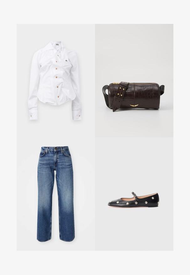 Fehér, hosszú ujjú ing, karcsú szabással. Nagy gallérral, elöl barna gombos záródással, és egy kis hímzett logóval rendelkezik.; Világoskék, laza szabású farmernadrág, magas derékkal, egyenes szárakkal és finom kopással. Denim anyagból készült, látható varrással és hardverekkel.; Fekete bőr Mary Jane lapossarkú cipő, lekerekített orral, ezüst színű kör alakú szegecsekkel és állítható pánttal, csattal.; Barna krokodilbőr hatású bőr táska henger alakú, arany tónusú fémveretekkel és lecsatolható, szegecsekkel díszített pánttal.
