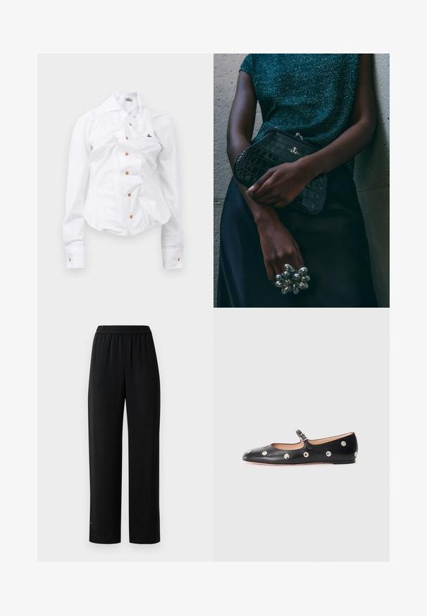Weißes Langarmhemd mit figurnahem Design. Verfügt über einen großen Kragen, eine Frontknopfleiste mit braunen Knöpfen und ein kleines, besticktes Logo.; Schwarze weite Hosen aus glattem Stoff mit elastischem Bund. Mit geradem Schnitt und minimalen Details. Geeignet für die Freizeit.; Schwarze Leder-Mary-Jane-Ballenflats mit runder Zehenform, ausgestattet mit silbernen runden Nieten und einem verstellbaren Riemen mit Schnalle.; Schwarze Clutch-Tasche im Kroko-Design mit silbernen Beschlägen, vor einem strukturierten grauen Hintergrund gehalten. Verfügt über eine glänzende Oberfläche.