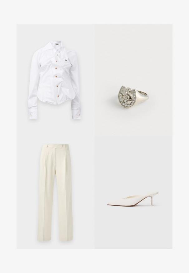 Balta ilgomis rankovėmis marškiniai su prigludusia išvaizda. Yra didelis apykaklė, priekinis užsegimas su rudais mygtukais ir mažas siuvinėtas logotipas.; Kreminės spalvos kelnės su pritaikytu siluetu, turinčios plokščią priekį, klostes ir tiesias kojas, pagamintos iš minkštos, tekstūruotos medžiagos.; Smailas balti mules su smailiu priekiniu pasagų ir žemu aukštu kulnu. Pagaminti iš lygios medžiagos, minimalistinio dizaino su subtiliu smėlio spalvos pado akcentu.; Sidabrinis žiedas, formos kaip arklio žini, papuoštas mažais skaidriais akmenėliais palei išorinį kraštą ir centriniu dizainu, vaizduojančiu kryžių.