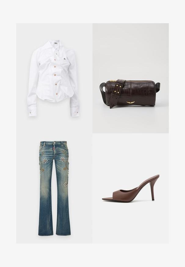 White long-sleeve shirt with a fitted design. Features a large collar, front button closure with brown buttons, and a small embroidered logo.; Flared blue denim jeans feature floral embellishments in various colors, with studs and sequins arranged in a decorative pattern.; Brown leather open-toe high-heeled mules with a sleek design, featuring a wide front strap and a slender stiletto heel.; Brown crocodile-embossed leather bag with a cylindrical shape, gold-tone hardware, and a detachable strap featuring studs.