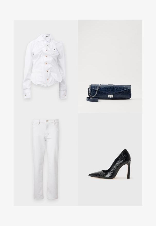Chemise blanche à manches longues au design ajusté. Dispose d'un grand col, d'une fermeture à boutons sur le devant avec des boutons marron, et d'un petit logo brodé.; Jeans en denim blanc avec une coupe droite, design à cinq poches, couture légère et fermeture à bouton en métal argenté. Texture lisse et détails minimaux.; Escarpin noir à bout pointu avec texture en cuir de crocodile, présentant un design élégant, un haut talon aiguille et un intérieur noir lisse.; Pochette en cuir bleu marine avec une texture crocodile, une chaîne en argent et un fermoir métallique. De forme rectangulaire avec un design rabat.; Boucles d'oreilles en argent avec un anneau circulaire, ornées de pierres étincelantes et d'un pendentif en forme de goutte de perle. Design distinctif avec des accents complexes.
