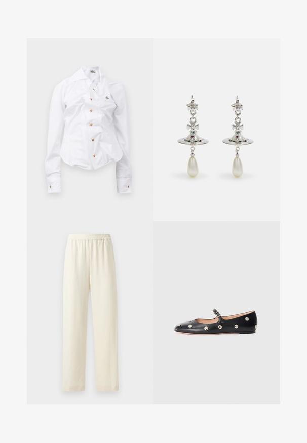Witte longsleeve shirt met een getailleerd ontwerp. Voorzien van een grote kraag, sluiting met knopen aan de voorkant met bruine knopen en een klein geborduurd logo.; Crèmekleurige, rechte broek met een elastische tailleband, een gladde structuur en geen zichtbare patronen of hardware.; Zwarte leren Mary Jane ballerina met een ronde neus, voorzien van zilveren ronde studs en een verstelbaar bandje met een gesp.; Zilveren oorbellen met een ronde hoop, versierd met fonkelende stenen en een druppelvormige parelpendant. Bijzonder ontwerp met intrigerende accenten.