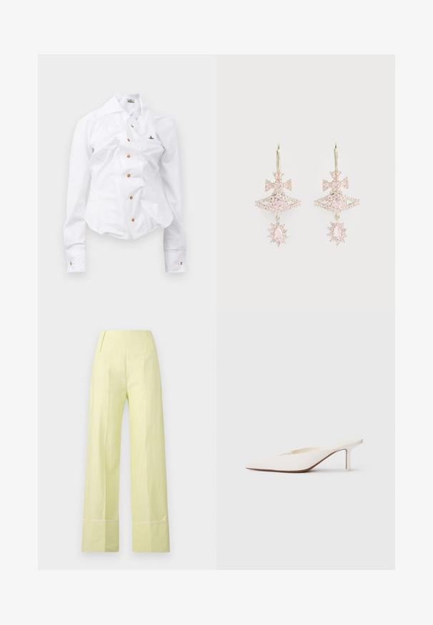 Witte longsleeve shirt met een getailleerd ontwerp. Voorzien van een grote kraag, sluiting met knopen aan de voorkant met bruine knopen en een klein geborduurd logo.; Wijdvallende broek in een lichtgele stof met een gladde textuur. Heeft een hoge taille en contrasterende stiksels langs de zoom.; Witte muiltjes met spitse neus en een lage stilettohak. Gemaakt van glad materiaal met een minimalistisch ontwerp en subtiele tan kleurige zooldetails.; Roze edelsteen oorbellen met een strikontwerp, voorzien van een gelaagde structuur en sprankelende accenten; het metalen beslag heeft een gepolijste afwerking.