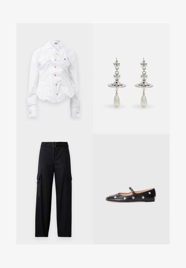 Weißes Langarmhemd mit figurnahem Design. Verfügt über einen großen Kragen, eine Frontknopfleiste mit braunen Knöpfen und ein kleines, besticktes Logo.; Schwarze Cargo-Hose mit geradem Bein, ausgestattet mit zwei Seitentaschen und einem Gürtel mit rechteckiger Schnalle. Glatte Stofftextur.; Schwarze Leder-Mary-Jane-Ballenflats mit runder Zehenform, ausgestattet mit silbernen runden Nieten und einem verstellbaren Riemen mit Schnalle.; Silberohrringe mit einem runden Ring, verziert mit glitzernden Steinen und einem tropfenförmigen Perlenanhänger. Auffälliges Design mit filigranen Akzenten.