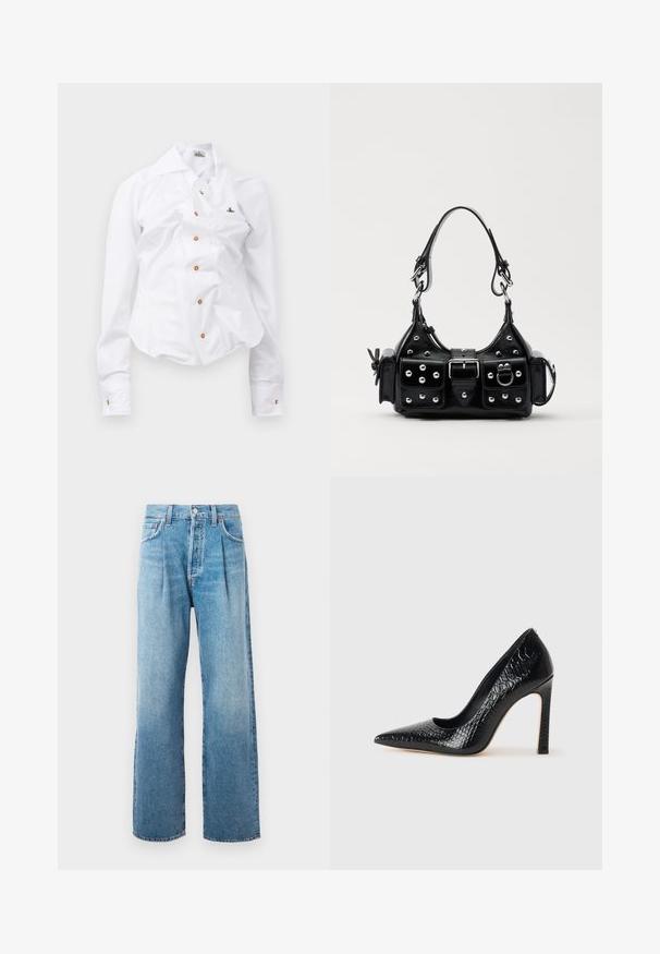 Weißes Langarmhemd mit figurnahem Design. Verfügt über einen großen Kragen, eine Frontknopfleiste mit braunen Knöpfen und ein kleines, besticktes Logo.; Hellblaue, hochtaillierte, gerade geschnittene Jeans mit vorderen Falten, fünf Taschen, Knopfverschluss und sichtbaren Nähten auf einem weißen Hintergrund.; Schwarzer, spitz zulaufender High Heel mit Krokodilleder-Struktur, elegantem Design, hohem Stiletto-Absatz und glattem schwarzen Innenraum.; Schwarze Lederhandtasche mit einem geschwungenen Design, verziert mit silbernen Nieten, einer Schnalle und zwei seitlichen Taschen. Verstellbarer Träger für verschiedene Tragemöglichkeiten.