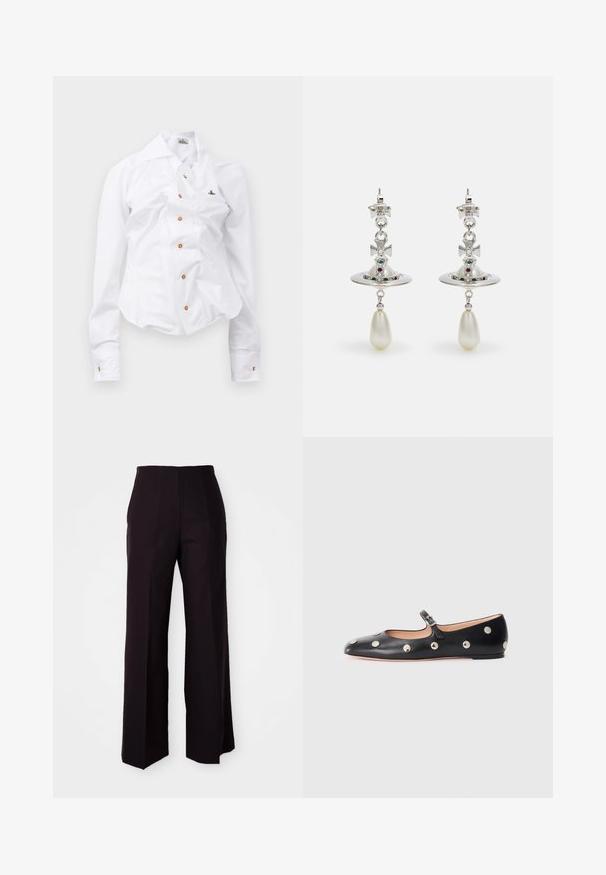 Biała koszula z długim rękawem o dopasowanym kroju. Posiada dużą kołnierz, zapięcie na guziki z przodu z brązowymi guzikami oraz małe haftowane logo.; Czarne spodnie o szerokich nogawkach z wysokim stanem, charakteryzujące się gładką teksturą i delikatnymi fałdami z przodu, dopasowane do sylwetki.; Czarne skórzane buty typu Mary Jane na płaskim obcasie z zaokrąglonym czubkiem, ozdobione srebrnymi okrągłymi ćwiekami oraz regulowanym paskiem z klamrą.; Srebrne kolczyki z okrągłym kółkiem, ozdobione błyszczącymi kamieniami i wiszącą perełką w kształcie kropli. Charakterystyczny wzór z misternymi akcentami.