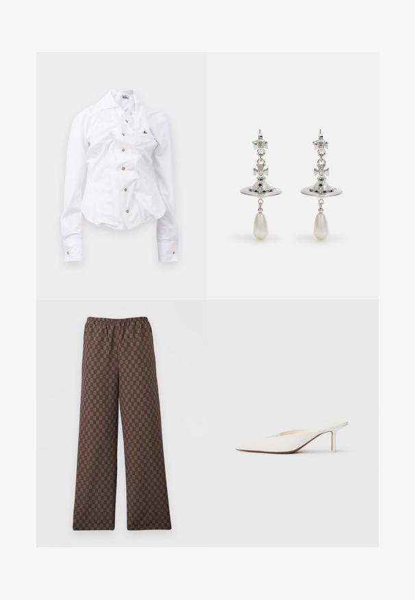 White long-sleeve shirt with a fitted design. Features a large collar, front button closure with brown buttons, and a small embroidered logo.; Brown wide-leg pants with elastic waistband, patterned with small, repeated dark brown geometric shapes.; Pointed-toe white mule with a low stiletto heel. Made of smooth material with a minimalist design and subtle tan sole detail.; Silver earrings featuring a circular hoop, adorned with sparkling stones and a teardrop pearl pendant. Distinctive design with intricate accents.