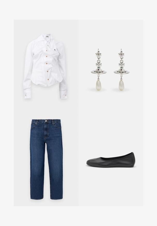 Vit långärmad skjorta med en figurnära design. Har en stor krage, framknäppning med bruna knappar och en liten broderad logotyp.; Mörkblå denimjeans med avslappnad passform, raka ben, femficksdesign, framknäppning och subtila sömnadsdetaljer.; Svart läderballerinaskor med rund tå, slät yta, minimala söm detaljer och en flexibel sula.; Silverörhängen med en cirkulär bård, prydda med glittrande stenar och en droppeformad pärla som hänge. Distinkt design med intrikata detaljer.