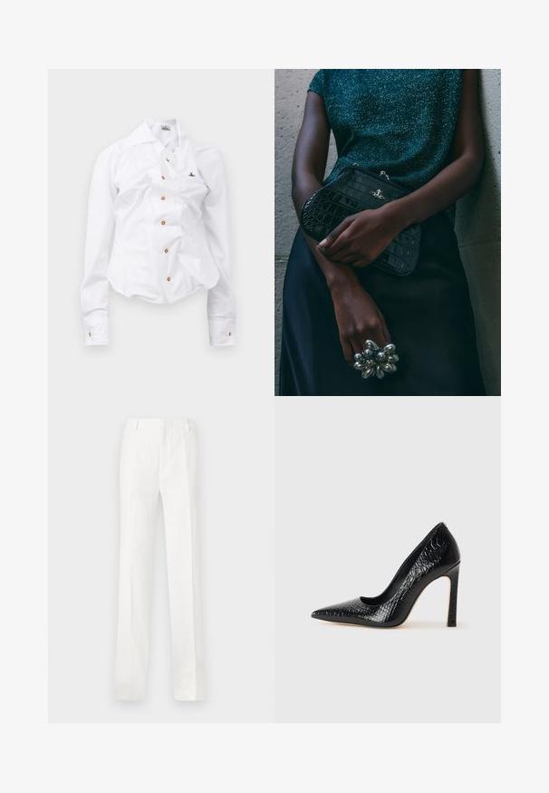 Vit långärmad skjorta med en figurnära design. Har en stor krage, framknäppning med bruna knappar och en liten broderad logotyp.; Vita, raka byxor i ett lättviktstyg. Har en platt framsida, bälteshällor och inga synliga mönster eller dekorationer.; Svart spetsig högklackad sko med krokodilskinnsstruktur, som har en elegant design, hög stilettklack och en slät svart innersula.; Svart clutchväska med krokodilmönster och silver detaljer, hålls mot en texturerad grå bakgrund. Har en blank yta.
