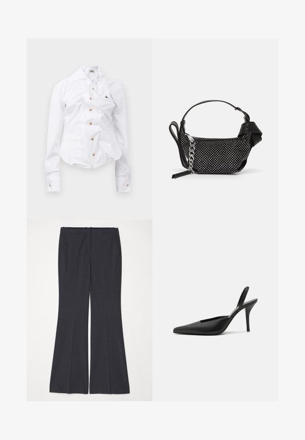 Weißes Langarmhemd mit figurnahem Design. Verfügt über einen großen Kragen, eine Frontknopfleiste mit braunen Knöpfen und ein kleines, besticktes Logo.; Dunkelgraue, ausgestellte Hose aus strukturiertem Stoff mit Fronttaschen, flachem Vorderteil und Gürtelschlaufen am Bund. Keine sichtbaren Verschlüsse.; Schwarze Slingback-Absatzschuhe mit spitzem Fuß, aus glattem Leder und einem eleganten, minimalistischen Design. Hoher Stiletto-Absatz.; Schwarze Handtasche mit Nietenverzierungen, einer Kettenriemen und einem glatten Ledergriff, in runder Form und mit einem Reißverschlussfach.