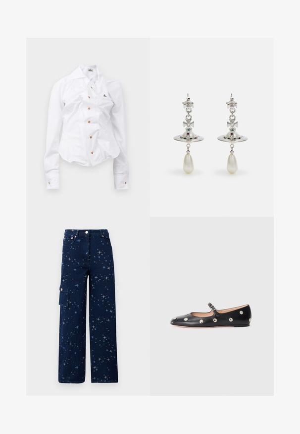 Camisa blanca de manga larga con un diseño ajustado. Presenta un gran cuello, cierre frontal con botones marrones y un pequeño logotipo bordado.; Pantalones cargo de mezclilla azul oscuro con un patrón de estrellas, forma de pierna ancha, bolsillos frontales y un bolsillo lateral con cierre de botón.; Zapato plano tipo Mary Jane de cuero negro con punta redonda, adornado con tachuelas circulares plateadas y una correa ajustable con hebilla.; Pendientes de plata que presentan un aro circular, adornados con piedras brillantes y un colgante en forma de pera de perla. Diseño distintivo con detalles intrincados.