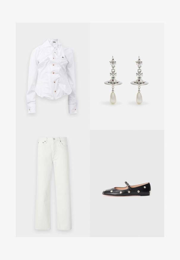 Bela srajca z dolgimi rokavi in prirezano obliko. Ima velik ovratnik, sprednje zapiranje na gumbe v rjavi barvi in majhen izvezen logotip.; Bela denimska hlača s ravnim krojem, pet žepov in kovinskimi dodatki na pasu in žepih.; Črne usnjene Mary Jane balerinke z zaobljenim noskom, opremljene z zlatimi krožnimi mošnjo in nastavljivim trakom z zaponko.; Srebrni uhani z okroglo zanko, okrašeni s sijočimi kamni in kapljičasto biserno obeskom. Oznaka svojstvene zasnove z zapletenimi detajli.