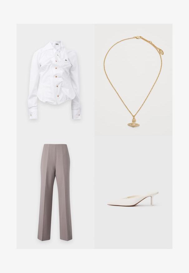 Balta ilgomis rankovėmis marškiniai su prigludusia išvaizda. Yra didelis apykaklė, priekinis užsegimas su rudais mygtukais ir mažas siuvinėtas logotipas.; Pilkos pritaikytos kelnės su aukštu liemeniu, plačiomis kojomis ir aštriais priekinių raukšlių akcentais. Pagamintos iš lygaus audinio, su švariais kraštais ir be matomos aparatūros.; Smailas balti mules su smailiu priekiniu pasagų ir žemu aukštu kulnu. Pagaminti iš lygios medžiagos, minimalistinio dizaino su subtiliu smėlio spalvos pado akcentu.; Aukso tonų vėrinys su grandinės dizainu ir dekoratyviu pakabuku, kuriame yra kaspinas ir apvalūs papuošimai, pagaminti iš skaidrių akmenų.
