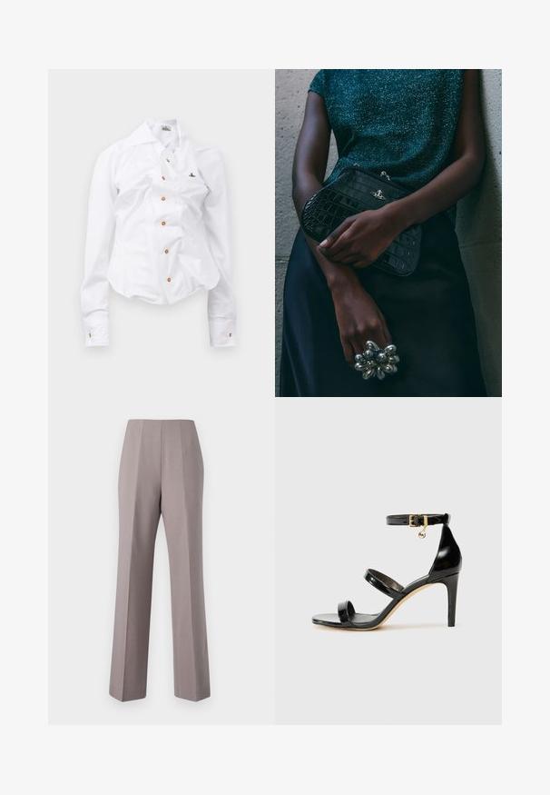 Hvid langærmet skjorte med en tætsiddende design. Har en stor krave, frontlukning med brune knapper og et lille broderet logo.; Grå skræddersyede bukser med høj talje, brede ben og skarpe frontfolder. Fremstillet af glat stof, med rene kanter og ingen synlig hardware.; Sorte patenterede lædersandaler med tre stropper, ankelspænde og 10 cm stiletthæl. Har detaljer i guld og et logo charms.; Sorte clutchtaske med krokodillemønster og sølvhardware, holdt mod en tekstureret grå baggrund. Har en blank overflade.
