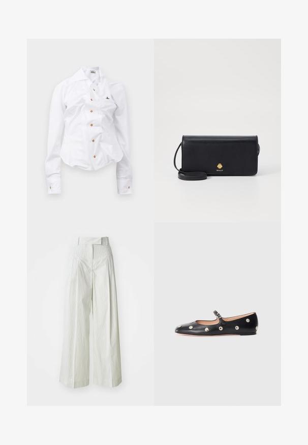 Weißes Langarmhemd mit figurnahem Design. Verfügt über einen großen Kragen, eine Frontknopfleiste mit braunen Knöpfen und ein kleines, besticktes Logo.; Weite Hosen in Hellgrün mit vertikalen weißen Streifen. Sie haben eine hohe Taille, Gürtelschlaufen und eine glatte Baumwolltextur.; Schwarze Leder-Mary-Jane-Ballenflats mit runder Zehenform, ausgestattet mit silbernen runden Nieten und einem verstellbaren Riemen mit Schnalle.; Schwarze Lederbrieftasche in schlanker rechteckiger Form mit einem goldenen Logo. Enthält einen abnehmbaren Tragegurt für zusätzlichen Tragekomfort.