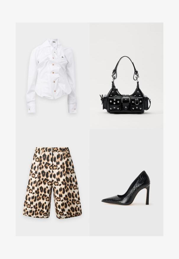 Balta ilgomis rankovėmis marškiniai su prigludusia išvaizda. Yra didelis apykaklė, priekinis užsegimas su rudais mygtukais ir mažas siuvinėtas logotipas.; Leopardų rašto šortai, kuriuose derinami smėlio ir juodi atspalviai, plisuota forma ir šoninės kišenės. Pagaminti iš lygaus audinio su blizgiu paviršiumi.; Juoda smailiakulnė aukšto kulno bateliai su krokodilo odos tekstūra, pasižymintys elegantišku dizainu, aukštu stiletu kulnu ir lygia juoda vidine dalimi.; Juodas odinis rankinukas su kreiviu dizainu, su sidabro spalvos knopkėmis, užsegimu ir dviem šoninėmis kišenėmis. Reguliuojama dirželis nešimui.