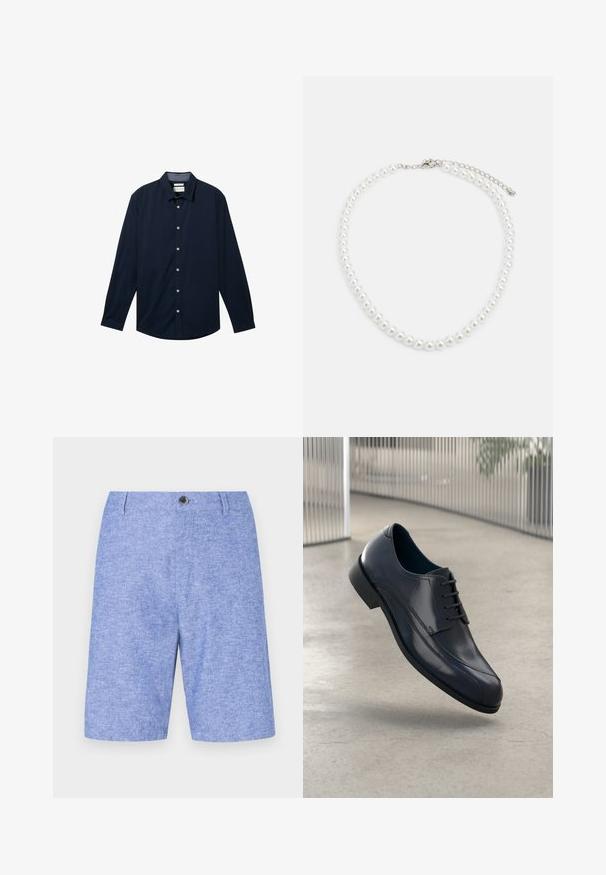 Tums zila garām piedurknēm krekls, kas izgatavots no gludas auduma, ar pogājamu priekšpusi, klasisku apkakli un baltām pogām.; Gaiši zili šorti no strukturētas auduma, ar priekšējo pogu aizdari un sānu kabatām, taisna griezuma un ceļgala garuma dizains.; Spīdīga melna ādas svinīgā kurpe ar auklēm, kas karājas virs gludas, gaiši pelēkas grīdas un vertikālām metaliskām stangām fona. ; Baltas pērļu kaklarota ar vienmērīgu apaļu formu, gludu virsmu un metāla aizdari ar pagarinājuma ķēdi regulējamai garumam.