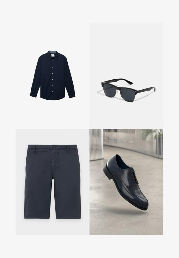 Sötétkék, hosszú ujjú ing sima anyagból, gombos elejével, klasszikus gallérral és fehér gombokkal.; Sötétkék, strukturált anyagból készült rövidnadrág, elől gombos záródással, övhurkokkal és standard oldalsó zsebekkel.; Fényes fekete bőrcipő fűzőkkel, lebeg egy sima, világosszürke padló felett, háttérben függő fémboltokkal.; Fekete napszemüveg, téglalap alakú, sötét lencsékkel, ezüst részletekkel a szárakon, és matt felülettel a kereten.