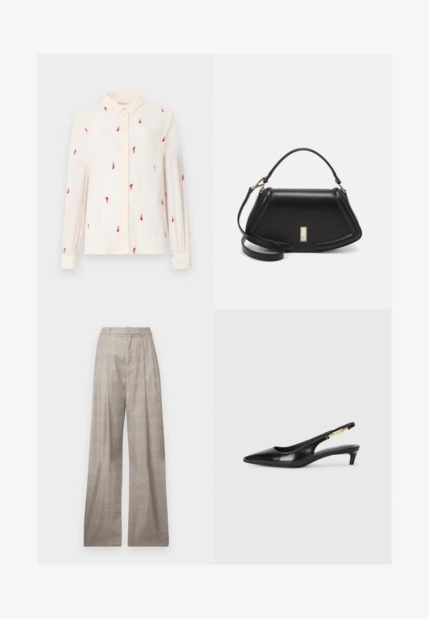 Lys beige langermet skjorte med krage med knapper, prydet med røde fuglebroderier over hele skjorten og knappefeste foran og på ermene.; Lys grå, vide bukser med en subtil hundetandmønster, folder, bæltestropper og en glat tekstur.; Sorte lærreim hæler med spiss tå, som har en slank hæl og en gullfarget detalj på den justerbare stroppen. Glatt tekstur.; Sort lærveske med en strukturert design, som har en avkortet form, topphåndtak og detaljer i gull. Justerbar skulderstropp inkludert.