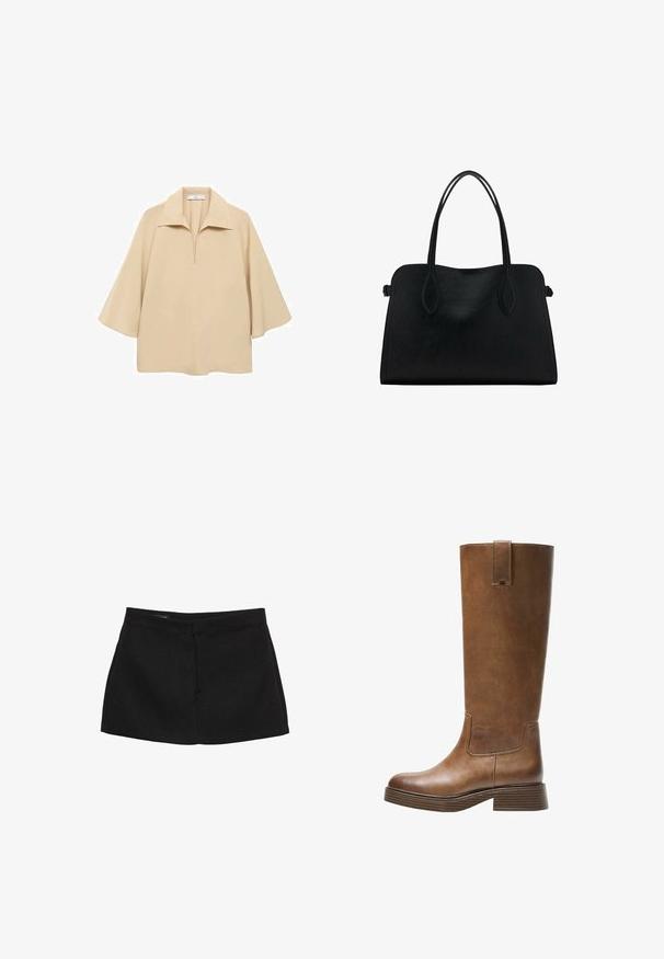 Béžová blúzka vyrobená z ľahkej tkaniny, s širokým golierom, poloklopom a rukávmi s dĺžkou po lakte, vo voľnom strihu.; Čierna minisukňa so štruktúrovaným pásom, hladkou textúrou a rovnou siluetou. Nemá viditeľné vrecká ani ozdoby.; Hnedá kožená vysoká čižma do kolien s okrúhlou špičkou, textúrovaným povrchom a nízkym zúženým podpätkom. Obsahuje postranný panel a pútko na vrchu.; Čierna kožená kabelka s dvojitými popruhmi na rameno, obdĺžnikový tvar a minimalistický dizajn na bielom pozadí.