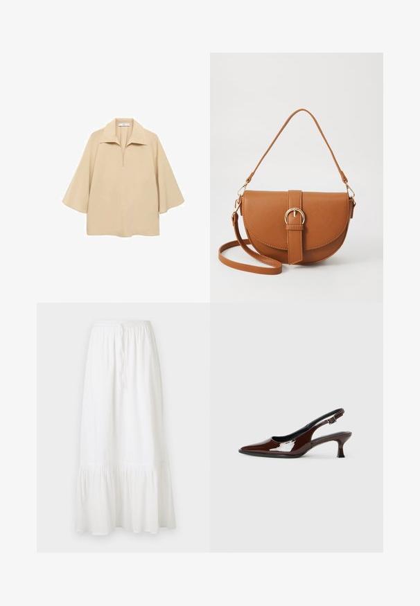 Beige blouse made of lightweight fabric, featuring a wide collar, half placket, and elbow-length sleeves with a loose fit.; White, knee-length skirt made of lightweight fabric with an elastic waist and drawstring. Features a ruffled hem and subtle texture.; Brown patent leather slingback shoe with a pointed toe and a moderate heel. Features a buckle strap for secure fit. Smooth texture.; Brown leather crossbody bag with a curved shape, gold hardware, and a buckle accent. Features a detachable shoulder strap.