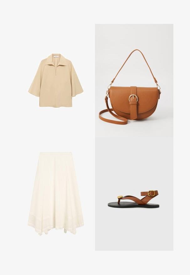 Beige bluse lavet af letvægtsstof, med en bred krave, halv plissé og ærmer til albuen med en løs pasform.; Hvid A-line midi nederdel med flagrende bund og subtile lodrette sømme, med et tekstureret bredt kantbånd.; Brune lædersandal med en flad sort sål, crossover-stropper og en hardware accent i guldfarve ved tåen. Justerbar ankelrem medfølger.; Brun læder crossbody taske med en buet form, guldfarvet hardware og en spændeaccent. Har en aftagelig skulderrem.
