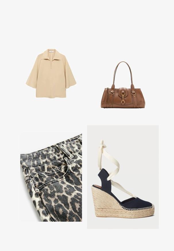 Beige bluse lavet af letvægtsstof, med en bred krave, halv plissé og ærmer til albuen med en løs pasform.; Leopardmønstret denimstof med sorte og beige nuancer, metalnitter, syede lommer og et struktureret taljebånddesign.; Marin canvas kilehæle sandal med en espadrille reb ydersål og cremefarvede bånd omkring anklen. Lukket hæl og rund tå design.; Brun læderhåndtaske med dobbelte håndtag, guldfarvede hardwaredetaljer og struktureret design. Har en central klap med en løkke detalje.