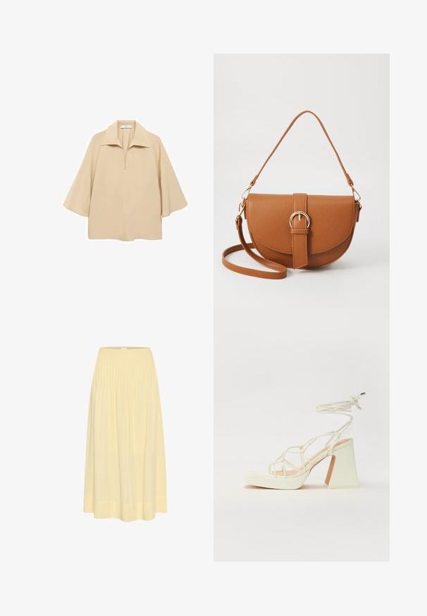 Bež bluza od lagane tkanine, sa širokim okovratnikom, polu dugmetom i rukavima do lakta s opuštenim krojem.; My Essential Wardrobe Velika suknja - double cream; Bijela sandala na visokoj potpetici s debelim petom, s remenom i vezanjem oko gležnja. Glatka tekstura s platformom sprijeda za dodatnu visinu.; Smeđa kožna torba preko tijela s zakrivljenim oblikom, zlatnim metalnim detaljima i naglaskom na kopču. Ima odvojivu naramenicu.