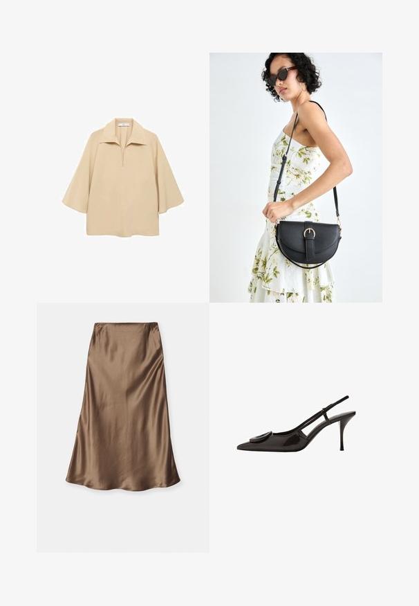 Bežna bluzica iz lahkega materiala, z širokim ovratnikom, polnim zatičem in rokavi do komolcev ter ohlapnim krojem.; By Malene Birger BOSHAN - Krilo A-kroja - shitake; Črne lakirane slingback čevlje s koničastim prstom, minimalističnim dizajnom, majhnim okroglim detajlom na vampu in ozkim petam.; Črna usnjena torbica s ukrivljeno obliko, z odstranljivo naramnico in zlatimi dodatki. Torbica ima pokrov s podrobnostmi v obliki zaponke.