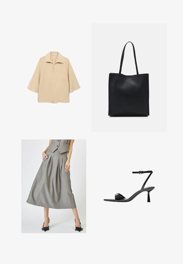 Beige paita valmistettu kevyestä kankaasta, jossa on leveä kaulus, puolipitkä nappilista ja kyynärpäälle ulottuvat hihat löysällä istuvuudella.; Hame gray kassa, joka on valmistettu rakenteellisesta kankaasta, sivutaskuilla ja A-linjaisella muotoilulla, yhdessä mustien korkokenkien kanssa.; Bershka Korolliset sandaalit - black; Mustapahkainen kangaskassi, jossa on sileä pinta, suorakaiteen muotoinen ja kaksi pitkää kahvaa. Ei näkyvää metalliosaa tai koristeita.