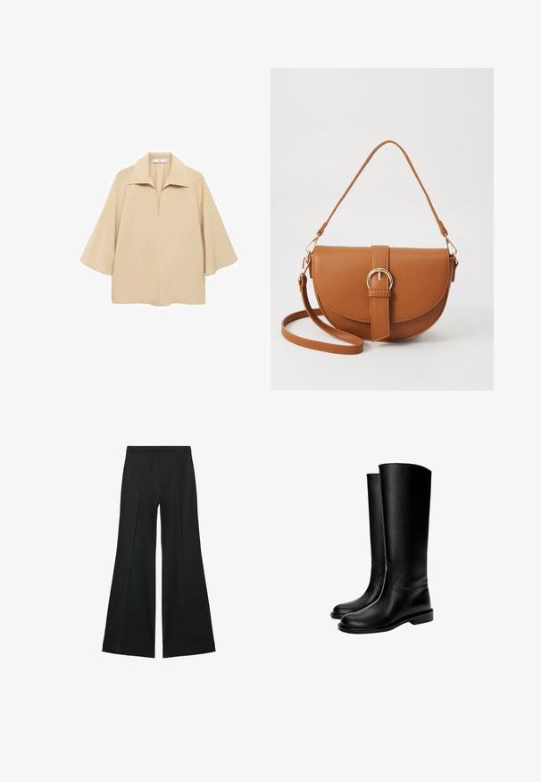 Beige paita valmistettu kevyestä kankaasta, jossa on leveä kaulus, puolipitkä nappilista ja kyynärpäälle ulottuvat hihat löysällä istuvuudella.; Mustat leveälahkeiset housut, joissa on sileä pinta, etupuolella laskokset ja muotolaskettu malli. Kangas on kevyttä ja laskeutuvaa.; Mustat polven ylle ulottuvat nahkasaappaat, joiden pinta on sileä, pyöreä kärki, tasapohja ja minimalistisesta muotoilusta. Saappaissa on ommeltuja saumoja ja ei näkyvää metalliosaa.; Ruskean nahkainen olkalaukku, jossa on kaareva muoto, kultaiset yksityiskohdat ja solkiyksityiskohta. Varustettu irrotettavalla olkahihnalla.