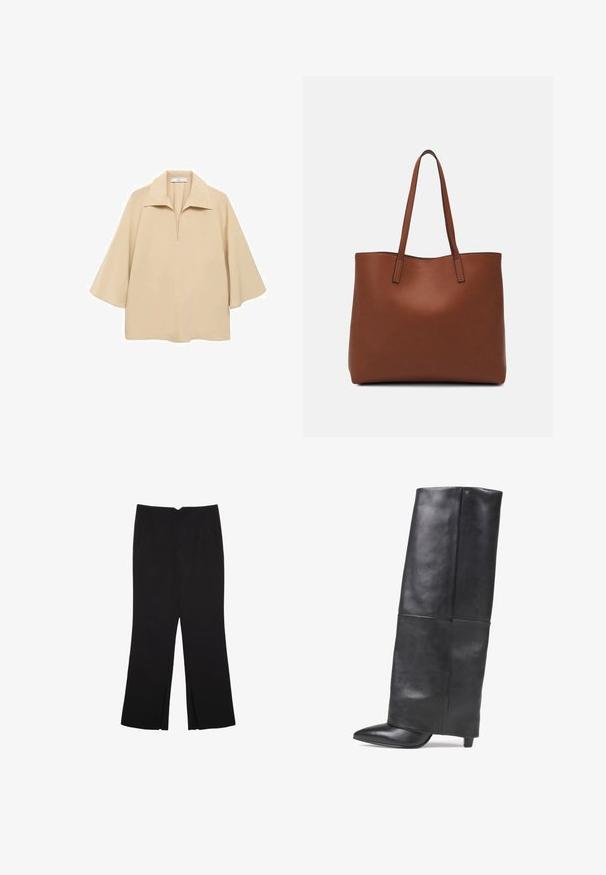 Bež bluza od lagane tkanine, sa širokim okovratnikom, polu dugmetom i rukavima do lakta s opuštenim krojem.; Crne hlače ravnog kroja, s prednjim džepovima i bočnim prorezima na rubu. Izrađene od mekog i glatkog materijala. Pogodne za razne prigode.; Bronx JADEY - Čizme - black; Smeđa kožna torba preko ramena s glatkom teksturom, otvorenim vrhom i dvjema naramenicama. Ima minimalne šavove i nema vidljivog hardvera.