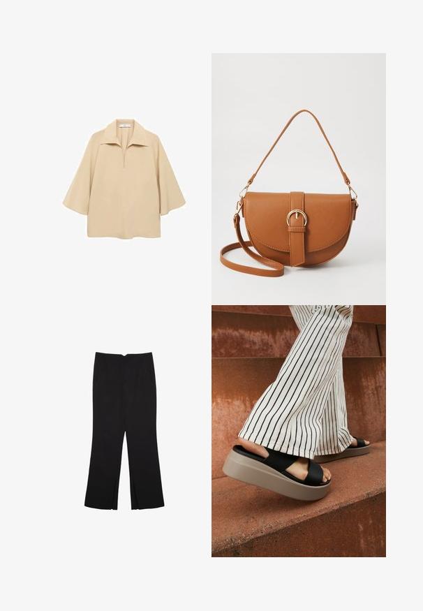 Beige blůza vyrobená z lehkého materiálu, s širokým límcem, půl placketem a rukávy do loktů s volným střihem.; Černé kalhoty s rovným střihem, s předními kapsami a bočními rozparky na lemu. Vyrobené z jemné, hladké tkaniny. Vhodné na různé příležitosti.; Černé plážové sandály s širokým křížovým popruhem, s tlustou béžovou platformou, v kombinaci s krémově pruhovanými zvonovými kalhotami na načervenalém povrchu.; Hnědá kožená křížová taška s zakřiveným tvarem, zlatými detaily a akcentem s přezkou. Obsahuje odnímatelný popruh na rameno.