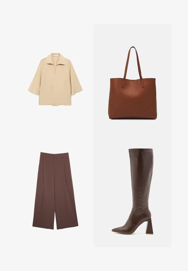 Beige paita valmistettu kevyestä kankaasta, jossa on leveä kaulus, puolipitkä nappilista ja kyynärpäälle ulottuvat hihat löysällä istuvuudella.; Ruskeat leveälahkeiset housut, joissa on sileä pinta, korkea vyötärö ja etupleat. Kangas on kevyttä ja laskeutuu väljänä.; RAID TENBY - Saappaat - brown; Ruskea nahkainen olkalaukku, jossa on sileä pinta, avoin yläosa ja kaksi olkahihnaa. Omaavat vain minimaalisen ompelun eikä näkyvää metalliosaa.