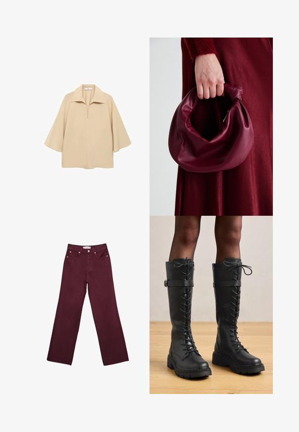 Beige bluse lavet af letvægtsstof, med en bred krave, halv plissé og ærmer til albuen med en løs pasform.; Bordeaux højtaljede jeans med lige ben-design, der har forlommer, en knaplukning og hardware-detaljer i kobberfarve.; Høje sorte læder snørestøvler med knæhøjde, rund tå, tyk struktureret sål samt dekorativ side rem og hardware detalje.; Bordeaux læderhåndtaske med et blødt, samlet design og en rund form. Håndtaget er sikret og viser en glat tekstur.