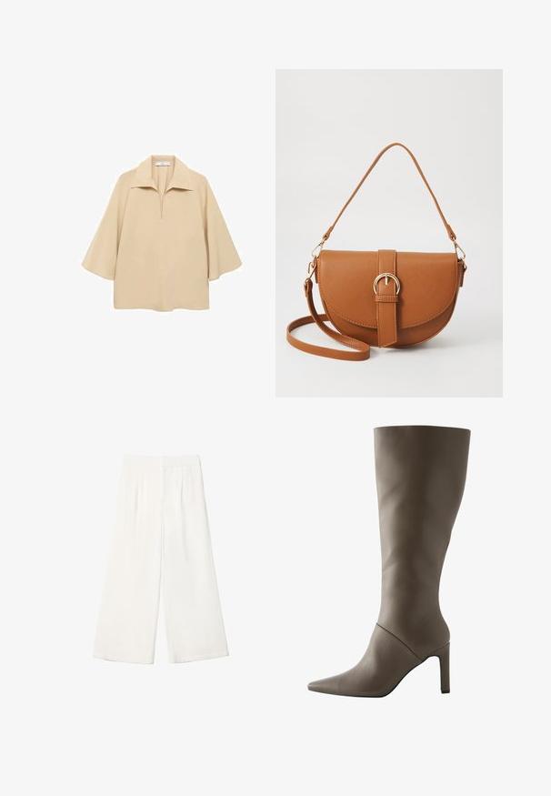 Béžová blúzka vyrobená z ľahkej tkaniny, s širokým golierom, poloklopom a rukávmi s dĺžkou po lakte, vo voľnom strihu.; Biele široké nohavice vyrobené z hladkej látky. Majú plochý pás a vertikálne skladania pre zvýraznenie detailu.; Hnedá kožená čižma po kolená s špicatou špičkou a ihlovým podpätkom, s hladkým povrchom a minimalistickým dizajnom.; Hnedá kožená kabelka cez telo s zakriveným tvarom, zlatými kovovými doplnkami a akcentom s prackou. Obsahuje odnímateľný ramenný popruh.