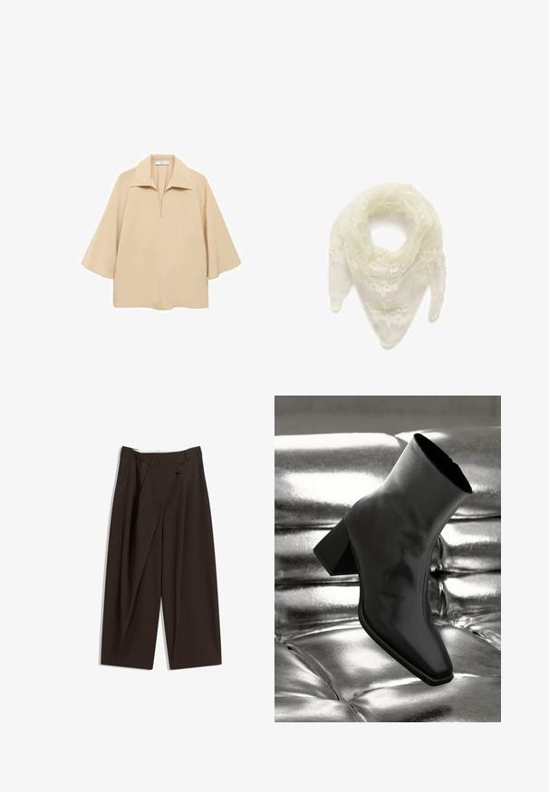 Bluză bej, realizată dintr-un material ușor, cu un guler larg, placket pe jumătate și mâneci până la cot, cu o croială lejeră.; Pantaloni largi de culoare maron închis, cu talie înaltă, având închiere cu un singur nasture și un față pliată. Confectionați dintr-un material ușor.; Cizme negre până la gleznă, realizate dintr-un material lucios, cu vârf pătrat și toc conic, plasate pe un fundal strălucitor de argint, cu un model tuftat.; Fulard din dantelă de culoare albă murdară, cu broderie florală delicată, textură ușoară și formă triangulară cu margini ondulate.