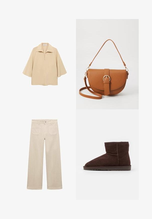 Beige blus gjord av lätt tyg, med en bred krage, halv knäppning och ärmar som når till armbågen med en lös passform.; Beige vida byxor i bomull. Har dragkedja, en framknapp och två bakfickor. Ren fåll utan utsmyckningar.; Bruna mockaskor av ankellängd med rund tåsdesign och mjukt innerfoder, med en platt gummisula och ton-i-ton sömnadsdetaljer.; Brun läder crossbody-väska med en böjd form, gyllene detaljer och en spänneaccent. Har en avtagbar axelrem.