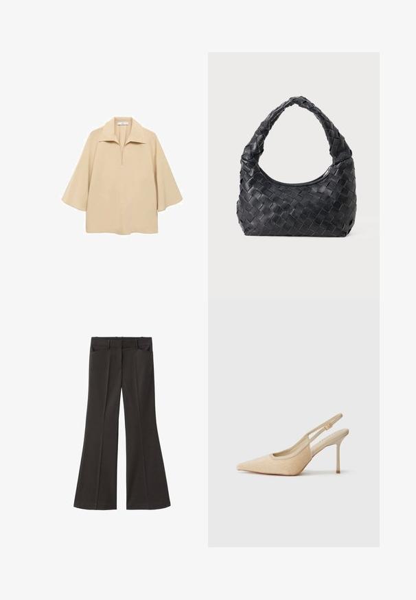 Bežna bluzica iz lahkega materiala, z širokim ovratnikom, polnim zatičem in rokavi do komolcev ter ohlapnim krojem.; Črne razširjene hlače z visokim pasom; vključujejo dva sprednja žepa in gladko teksturo tkanine. Primerne za različne priložnosti.; Bež slingback visoke pete s špicastim nosom, izdelane iz teksturiranega materiala, z ozko peto in nastavljivim trakom.; Črna usnjena torba za čez ramo z pletenim vzorcem, zaobljenim ročajem in oblika crescent na enobarvni podlagi.