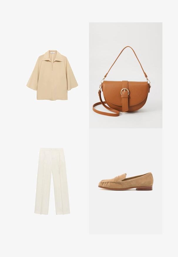Beige Bluse aus leichtem Stoff, mit weitem Kragen, halbem Knopfverschluss und halblangen Ärmeln in lockerer Passform.; Weit geschnittene Hosen in einem hellen cremefarbenen Farbton. Hergestellt aus einem glatten Stoff mit Falten an der Vorderseite und seitlichen Taschen.; Wildleder-Loafer in hellbeige mit runder Zehenpartie, vorderer Riemenakzent und niedrigem Holzabsatz. Glatte Textur und minimale Nähdetails.; Braune Leder-Crossbody-Tasche mit geschwungener Form, goldfarbenen Beschlägen und einer Schnallenakzentuierung. Verfügt über einen abnehmbaren Schultergurt.